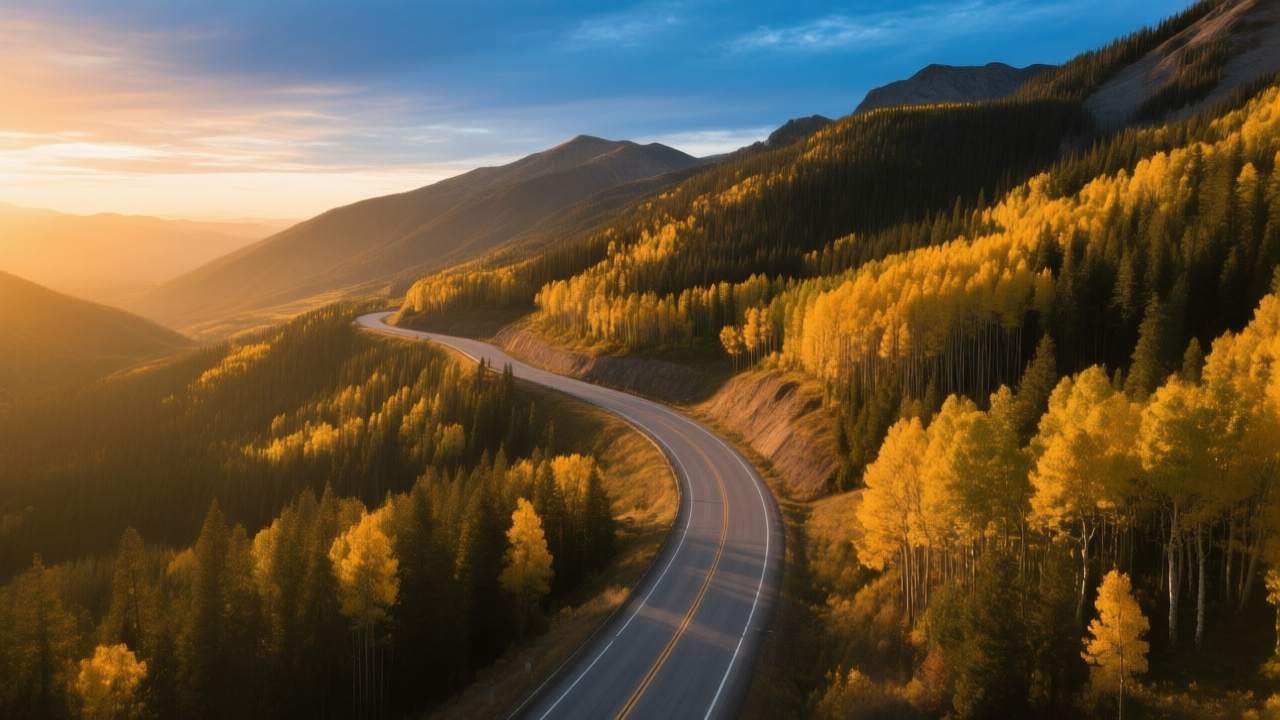 Winding mountain highway through aspen forest at golden hour