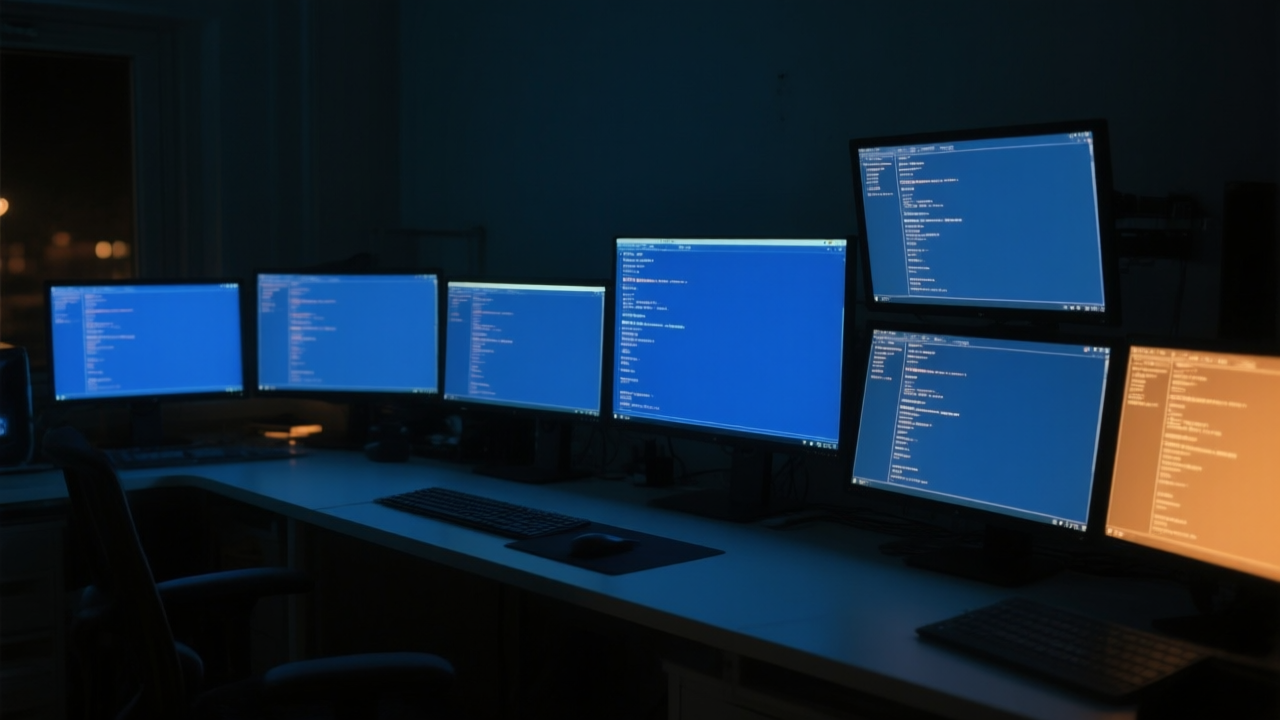 Multiple monitors glowing in a dark workspace