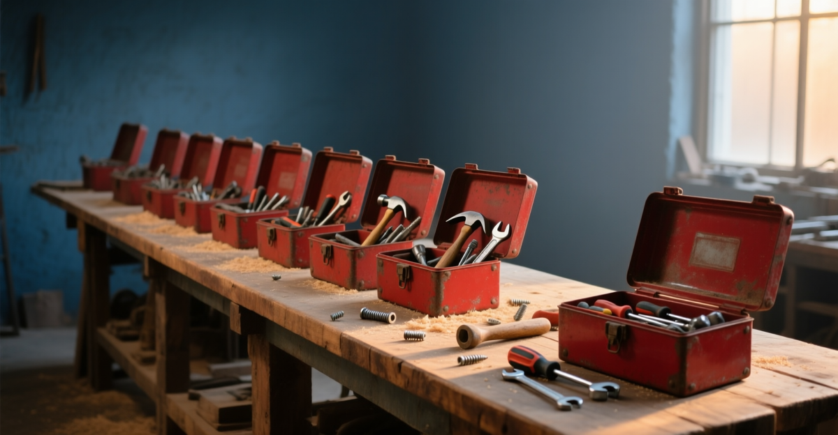 A long row of small red toolboxes on a workbench, each opened and set up with the same hammer, screwdriver and wrench, leads to one larger toolbox in the morning light from a window