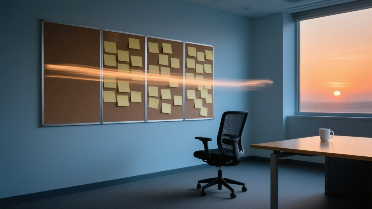 A streak of motion blur runs across a four-column cork board of blank cards while the office chair in front of it stands empty at sunset