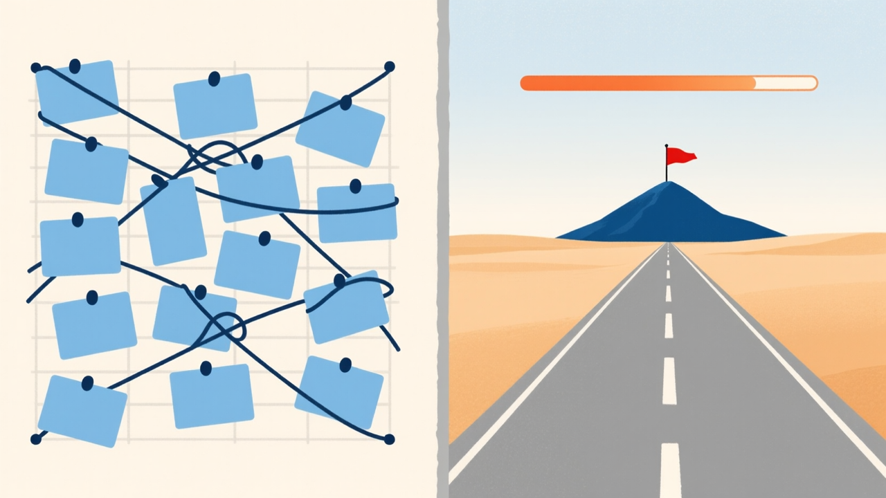 Left, blank cards pinned to a grid with strings looping back and forth between them. Right, a mostly filled progress bar above a straight road that runs to a mountain with a red flag on its summit